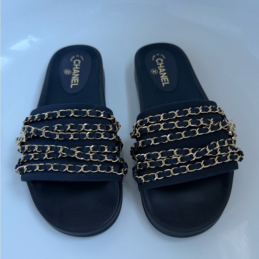 Chanel Black Sandals with Gold Chain Detail